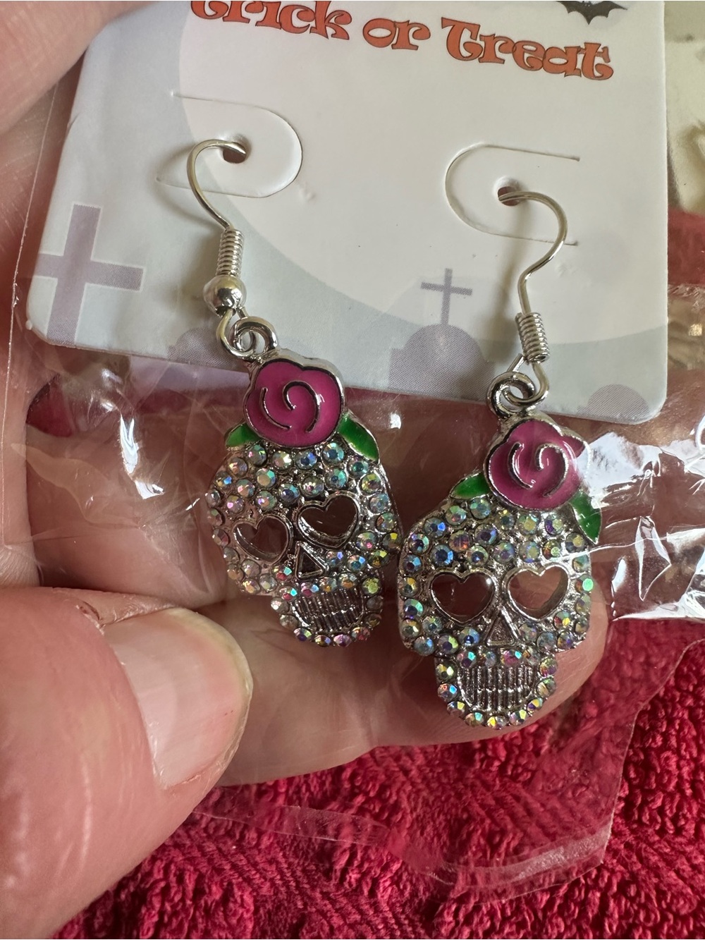 Pink Crystal Sugar Skull Dangle Earrings by